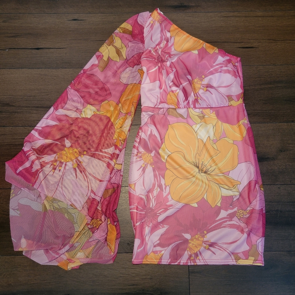 Boohoo Floral Asymmetric Mesh Flare Long Sleeve Mini Dress‎ Size 8 - Picture 4 of 8